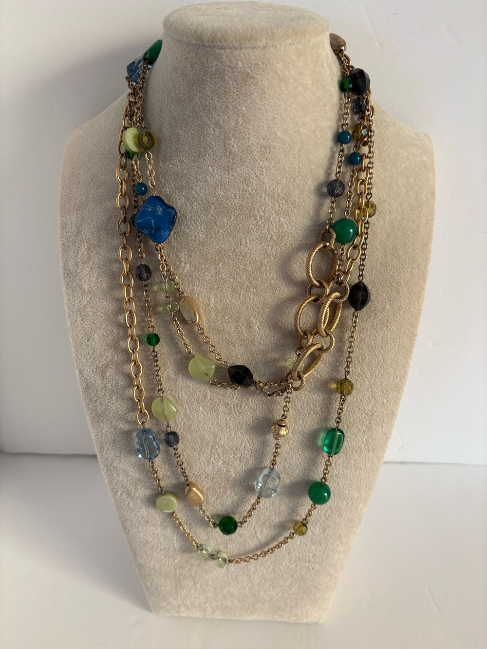 Lia Sophia Long Layered Necklace Blue Green Beads Gold Tone 44"